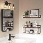 WOPITUES Floating Shelves with Wire Storage Basket, Bathroom Shelves Over Toilet with Protective Metal Guardrail, Wood Wall S