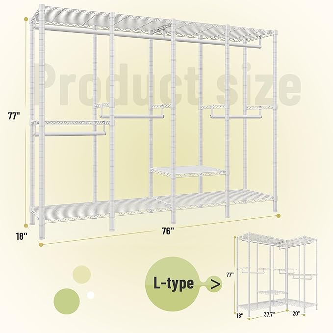 Raybee Clothing Racks for Hanging Clothes,Heavy Duty Clothes Rack with Shelves,Portable Closet Adjustable,76" W x 77" H x 18"
