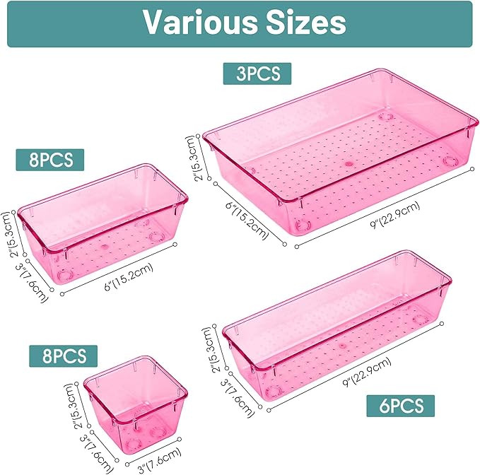 WOWBOX 25 PCS Plastic Drawer Organizer Set, 4 Sizes Desk Drawer Divider Organizers and Storage Bins for Makeup, Jewelry, Gadg