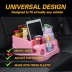 Big Plastic Console for Cars, Trucks, Minivans, SUVs with 2 Adjustable Drink Cup Holders pad Book Holder, Back Bench and Front Seat or Floor Middle Console Universal Vehicle Organizer Pink