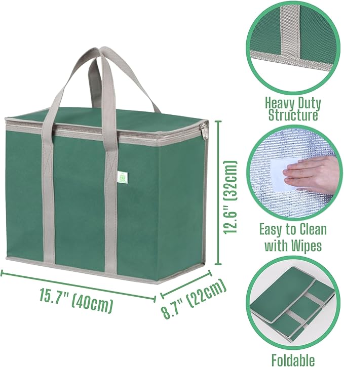 VENO 3 Pack Cooler Bag Insulated Reusable Grocery Shopping Bag, Food Delivery, Heavy Duty, Large Size, Durable Handles, Double Zippers, Lid, Collapsible (Green, 3 Pack)