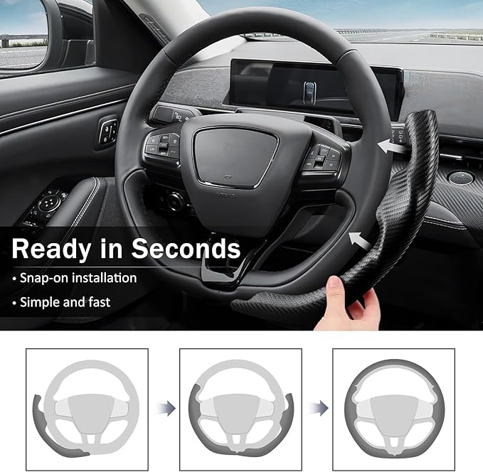 3-Piece Carbon Fiber Steering Wheel Cover for Ford Mustang Mach-E 2021-2026, Custom Fit Clip-On Quick Installation Ultra-Thin Interior Car Accessories for Men Women(Matte Black)