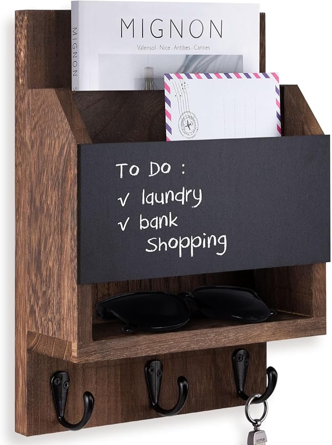 Key and Mail Holder for Wall, Key Holder with Chalkboard and Long Storage Box, Key Hanger with 3 Sturdy Hooks for Coat, Dog L