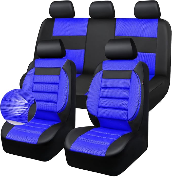 CAR PASS Leather 3D Foam Back Support Car Seat Covers Full Set Air Mesh Automotive Seat Covers, All Season Car Seat Cover Fit