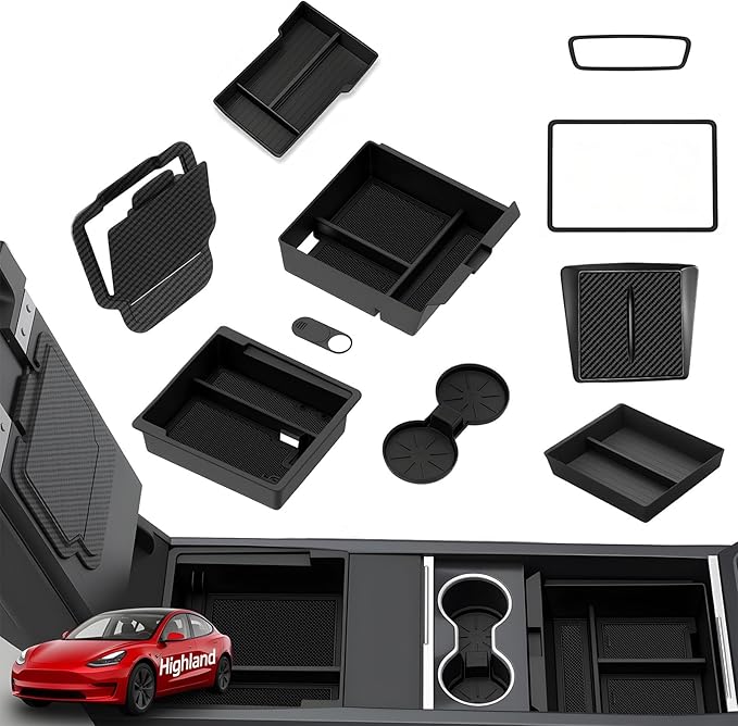 10PCS Center Console Organizer Tray for 2024 2025 2026 Tesla Model 3 Accessories, Armrest Hidden Storage Box Cup Holder Charger Pad for Model 3 Highland