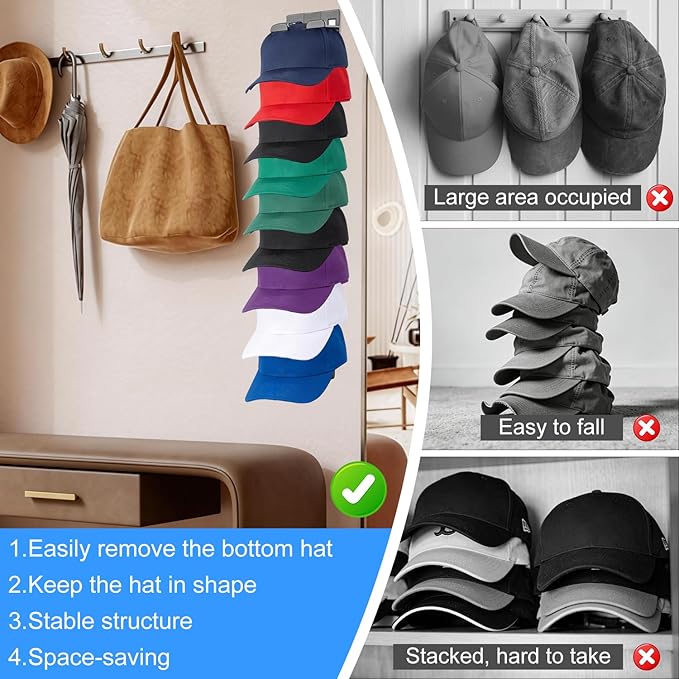 4 Pack Baseball Hat Rack for Wall & Closet, Vertical Hat Display Stand Storage Rack, No Drill Cap Rack for Dorm, Door& Entryw