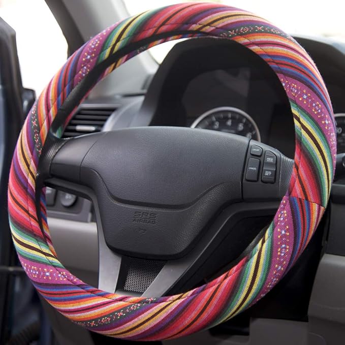 BDK Colorful Woven Boho Bohemian Hippie Style Steering Wheel Cover for Women - Fits Most Standard Wheel Sizes 14.5-15 inch Co