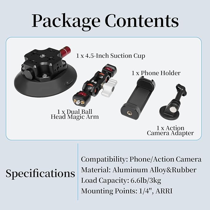 CNC Machined 4.5in Suction Cup Camera Mount with Ball Head Magic Arm, 1/4" ARRI Holes, Quick Release Car Mount with Phone Holder&Action Camera Adapter Compatible with DJI OSMO Pocket3 Insta360 iPhone
