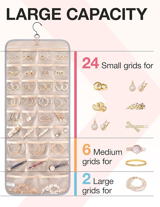BAGSMART Hanging Jewelry Organizer Storage Roll with Hanger Metal Hooks Double-Sided Jewelry Holder for Earrings, Necklaces, 