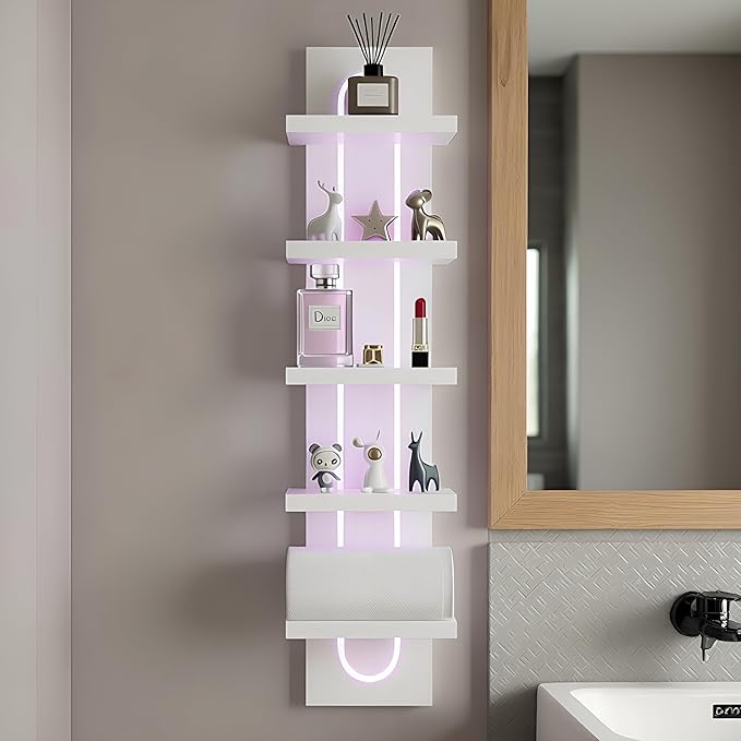 Exclusive U-Shaped 5-Tier Compact Narrow Wall Shelf Unit with RGB Lighting, Modern Vertical Shelf for Vanity, Ideal for Anime