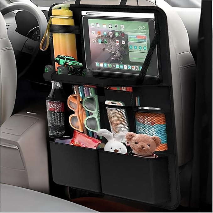 Car Backseat Organizer with Tray, Waterproof Back Seat Protector with Touch Screen Tablet Holder, 11 Storage Pockets Anti-Scratch Kick Mat Universal for Family Road Trips