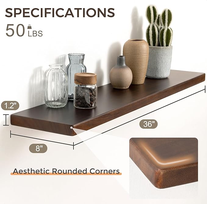 36" Rustic Walnut Wood Floating Shelves, 8 Inch Deep Wall Shelves for Home Decor, Wall Mounted Floating Shelf with Invisible 