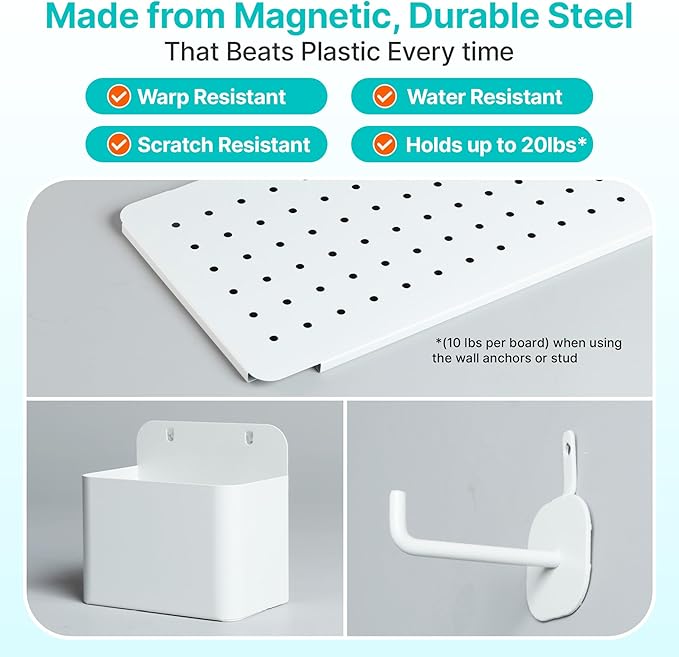Upgraded Metal Pegboard Wall Organizer Kit – Magnetic, Heavy-Duty Peg Board with Shelves, Hooks & Clips – Wall Mount Storage 
