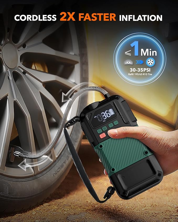 Portable Car Jump Starter with Air Compressor - 3000A/150PSI, 12V Portable Jump Box for 5.0L Diesel & 8.0L Gas, Compact Battery Jump Pack, Extended Smart Jumper Cables, USB Outputs, and Lights