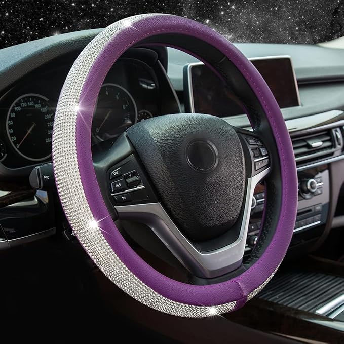 New Diamond Leather Steering Wheel Cover with Bling Bling Crystal Rhinestones, Universal Fit 15 Inch Car Wheel Protector for 