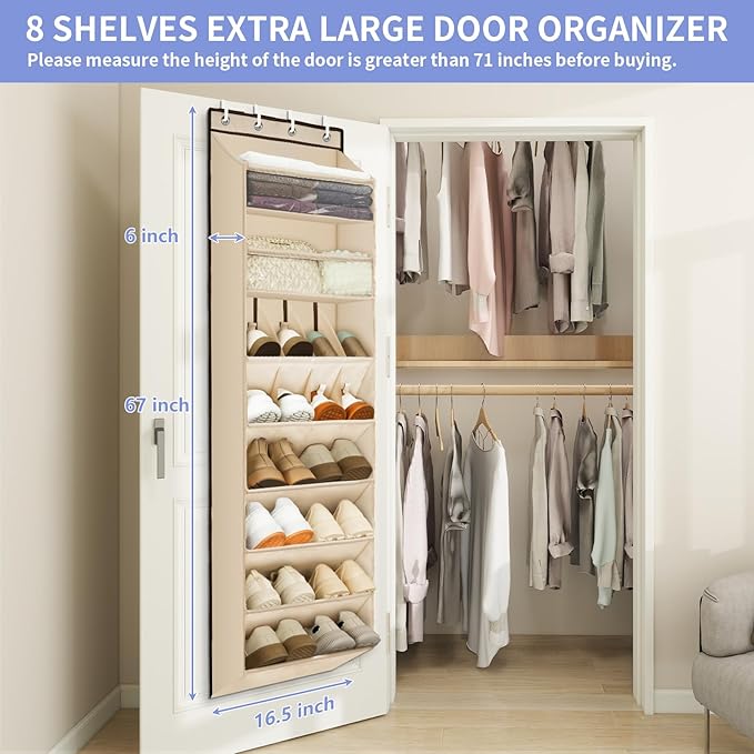 FENTEC 1 Pack Over The Door Shoe Organizer, 68" Exlarge Deep Pockets Hanging Shoe Organizers, 8-Tier Shoe Rack for Closet, Sh