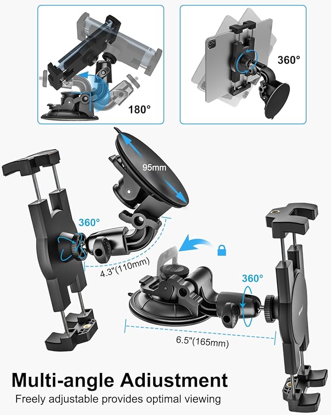woleyi Heavy Duty Tablet Holder for Car/Truck - [Super Suction Cup] Windshield Dashboard Car Tablet Mount with 1/4" Screw Adapter for 4-13" iPad Pro/Air/Mini, Galaxy Tab/Z Fold, iPhone & Gopro/Camera