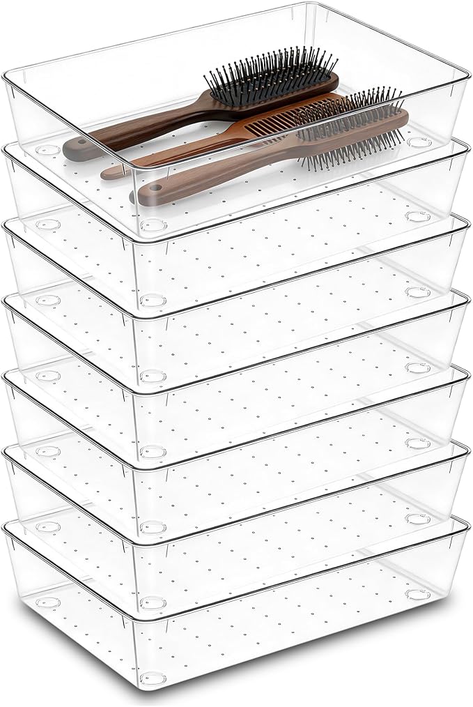 7Pack Desk Drawer Organizers, 6"*9" makeup acrylic drawer organizer trays for vanity, bathroom, office, nightstand, junk for 