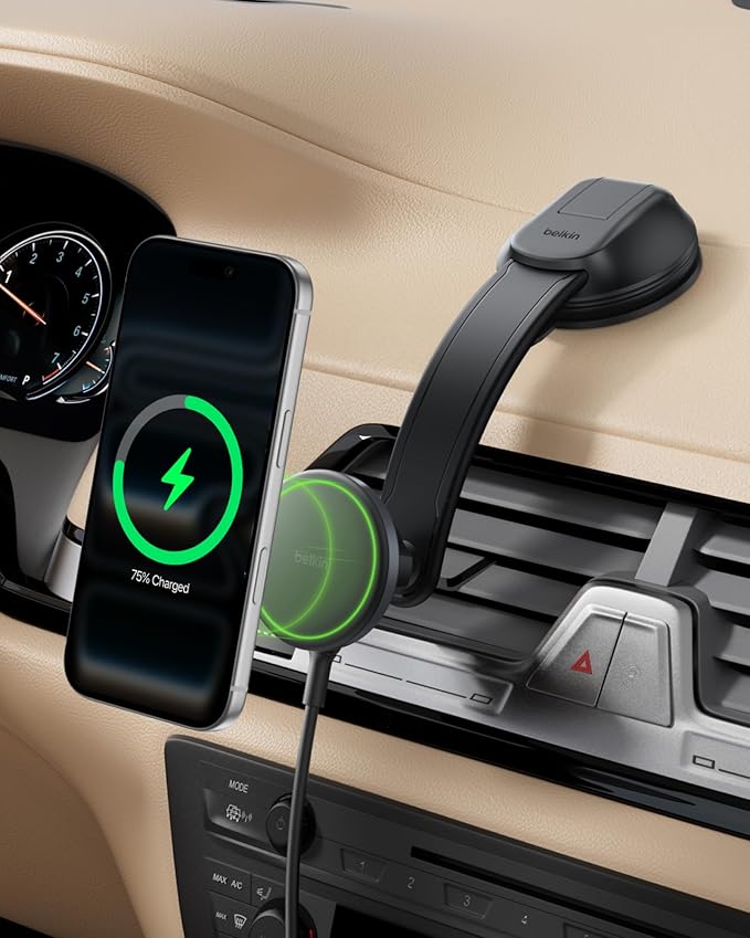 Belkin Wireless Car Charger, MagSafe Phone Holder & Car Dash Mount w/ 1M USB C Cable, Qi2 MagSafe Compatible Fast Charging iPhone Charger for iPhone 17, Galaxy S25, Pixel 10, Road Travelers, Black