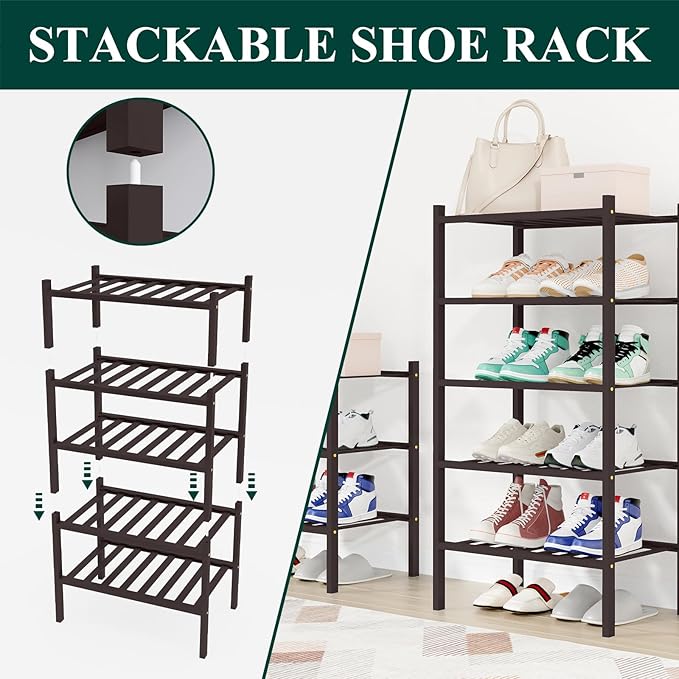Smiry Shoe Rack, 2 Tier Small Bamboo Shoe Organizer, Stackable Free Standing Wooden Shoe Storage Shelf for Closet, Entryway, 