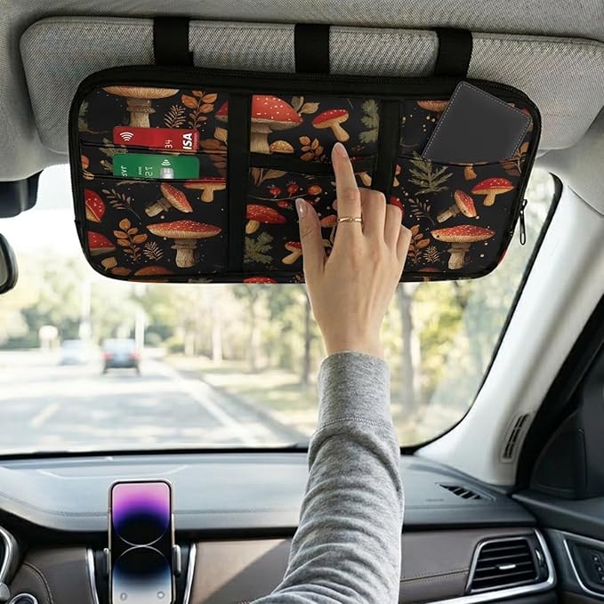 Mushroom Car Sun Visor Organizer, Multi-Pocket Car Truck SUV Storage Pouch Holder Elastic Bands Universal Fit Document Holder for Registration