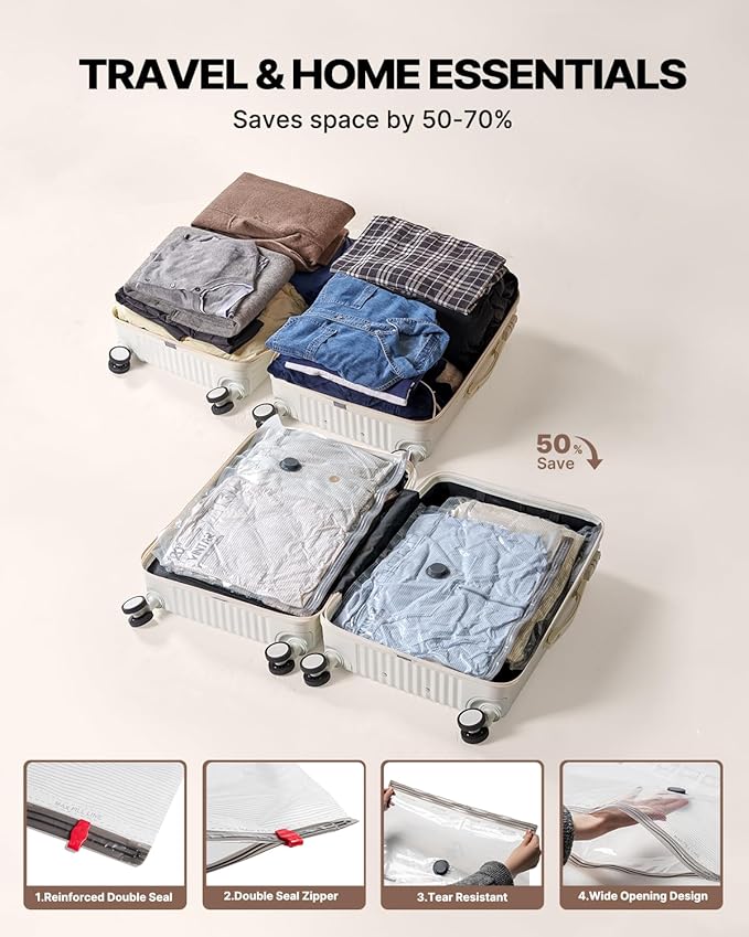 Travel Vacuum Seal Bags for Clothing with Rechargeable Cordless Pump, VINTAR 20 Pack (5J+5L+5M+5S) Carry-on Size Space Saver 