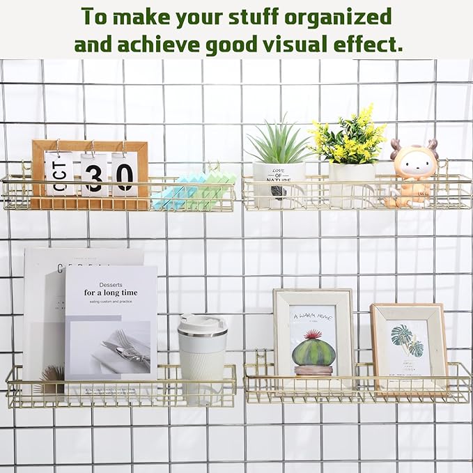 Blulu 4 Pcs Gold Metal Grid Wall Baskets with Hooks Grid Wall Shelves 15.75 x 3.94 x 1.97 Inches Hanging Wire Basket Multi Fu