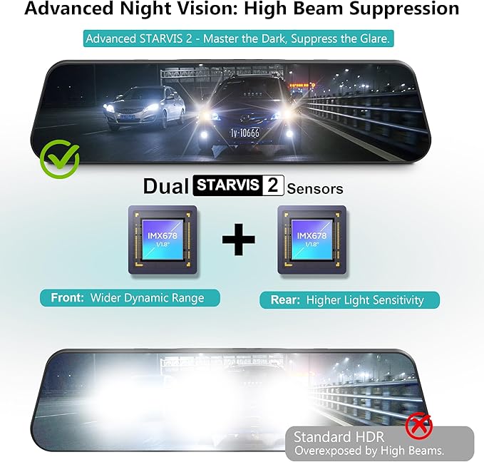 Dual Sony STARVIS 2 IMX678 Sensors 4K+4K Mirror Dash Cam Front and Rear, 12" Smart Rear View Camera with ADAS Blind Spot Detection, Super Night Vision HDR, 5G WiFi GPS, 64GB, 24H Parking