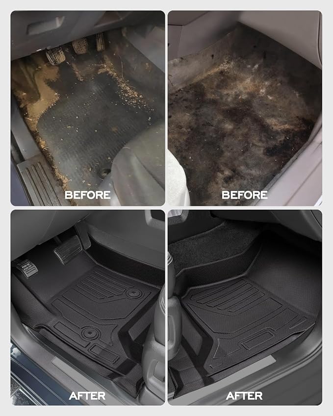 All Weather Floor Mats 2014-2018 for Chevy Silverado & GMC Sierra 1500, 2015-2019 2500HD 3500 HD, Only Crew Cab & Front Center Console & Bucket Seat, Waterproof TPE Rubber Car Accessories