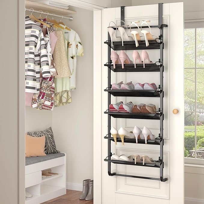 bukfen Over the Door Shoe Organizer, 6-Tier Adjustable Door-Mounted/Wall-Mounted Shoe Rack, Heavy-Duty Metal Storage for Clos