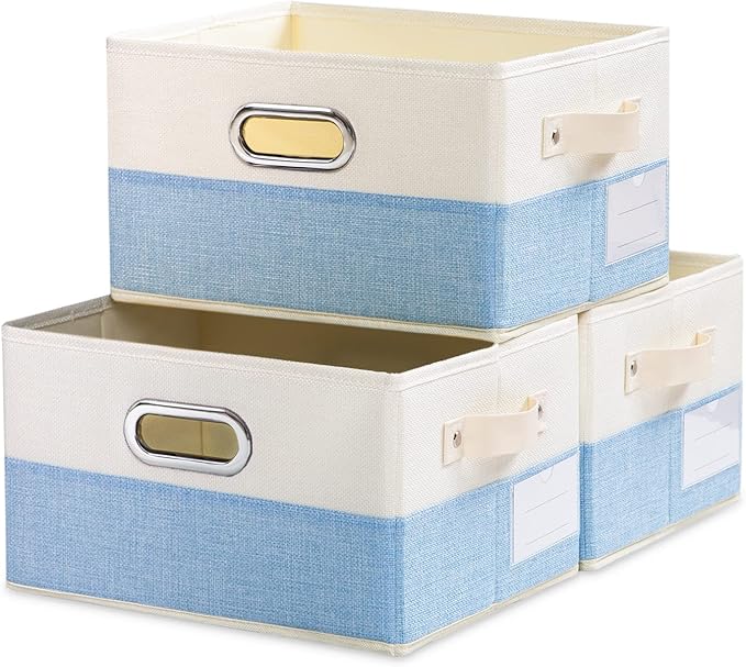 PRANDOM Fodable Storage Bins for Closet [3-pack] Decorative Fabric Storage Baskets Cubes with Leather/Metal Handles for Shelv