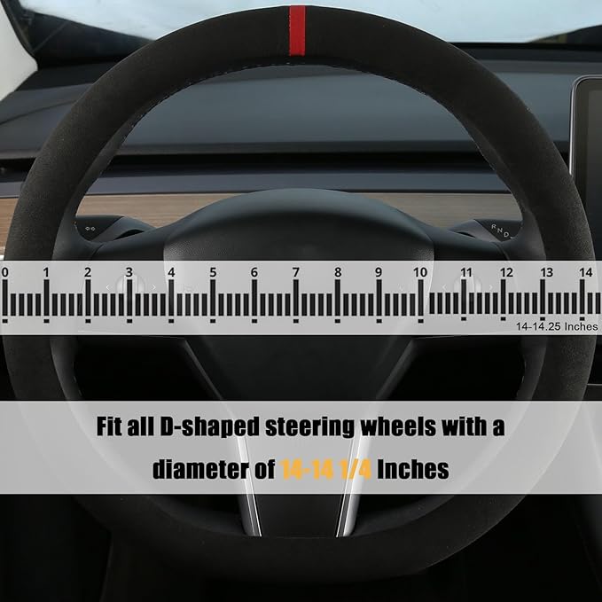 Suede Steering Wheel Cover for Tesla Model 3/Y, Anti Heat, Breathable, Anti-Slip,Leather Steering Wheel Cover 14-14 1/4 in (35.5-36 cm) (Black 01 with Red Mark)