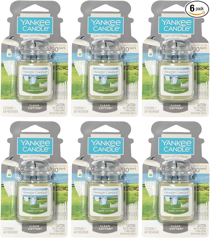 Yankee Candle Car Air Fresheners, Hanging Car Jar Ultimate, Neutralizes Odors Up To 30 Days, Clean Cotton, 0.96 OZ (Pack of 6