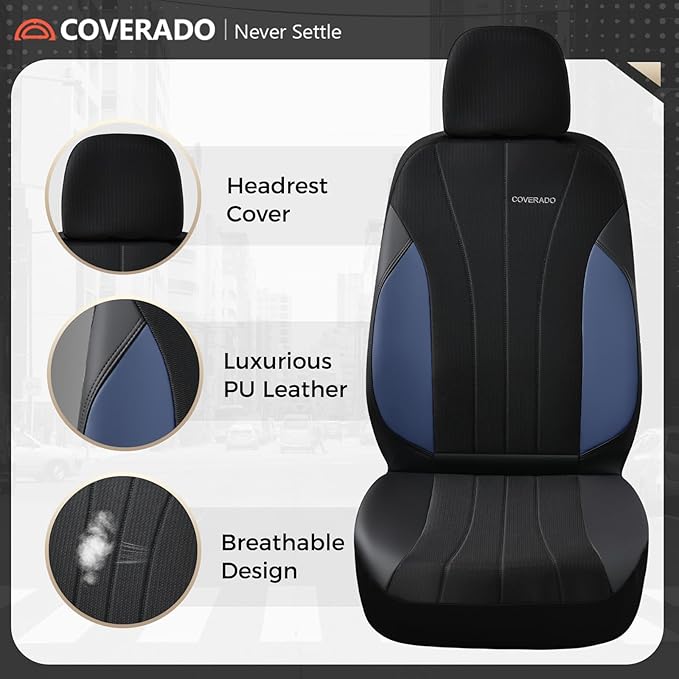 Coverado Seat Covers for Car, Leather Automotive Car Seat Covers 5 Seats, Mesh Breathable Auto Seat Protectors, Driver Seat C