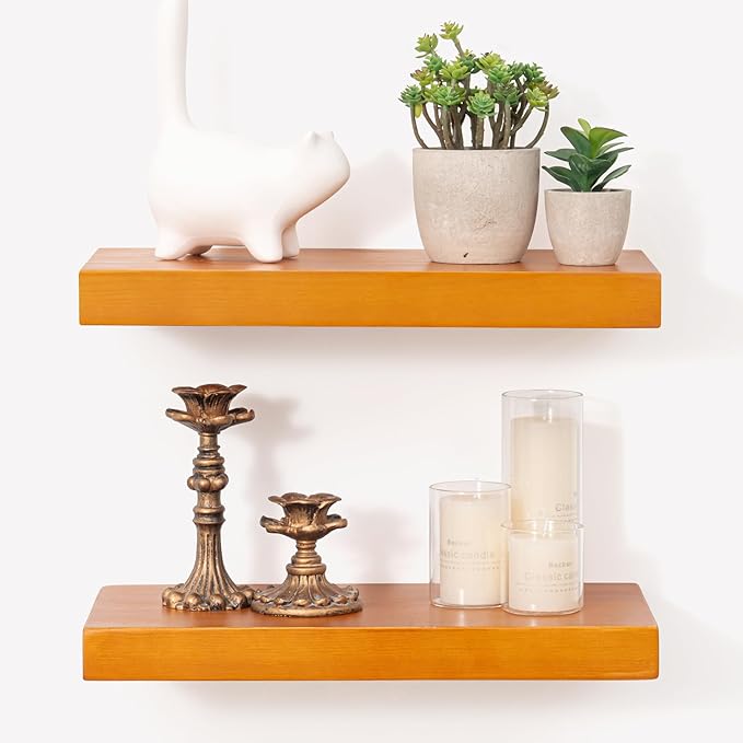 Marsmiles Wood Floating Shelves | Rustic Honey Oak Wall Shelves Set of 2 | 16" W x 7.7" D x 1.6" H Wooden Shelves for Bathroo