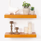 Marsmiles Wood Floating Shelves | Rustic Honey Oak Wall Shelves Set of 2 | 16" W x 7.7" D x 1.6" H Wooden Shelves for Bathroo