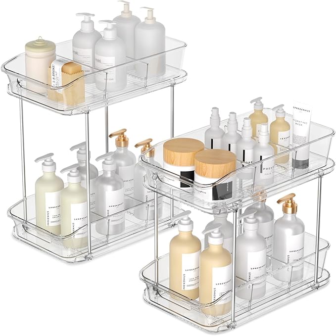 Incostar 2 Tier Pull-Out Organizer for Bathroom Kitchen, Under Sink Storage with Dividers, Ideal for Cabinet, Cupboard Organi