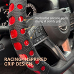 PINCTROT D Shaped Race Grip Steering Wheel Cover, Anti Slip Silicone Perforated Design with Soft Touch Padding, Enhanced Grip for Sporty Driving Flat Bottom 14.5-15 Inch (Racing Red)