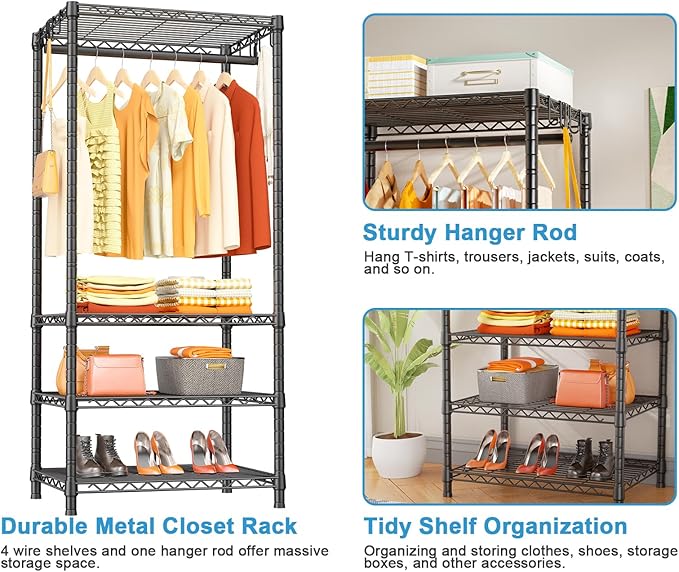 Ulif H4 Mini Portable Closet, 4 Tiers Freestanding Clothing Garment Rack for Small Space, Metal Clothes Wardrobe System for B