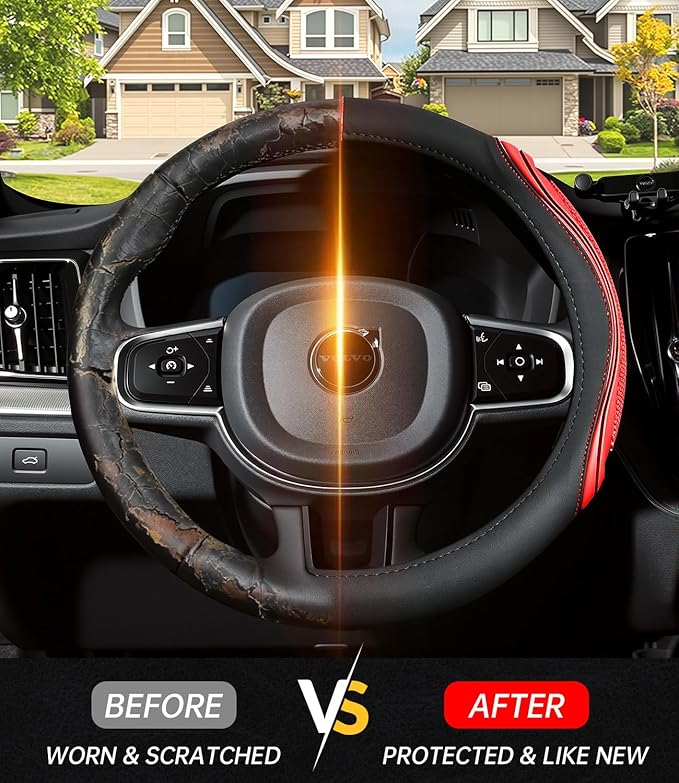 XCBYT Steering Wheel Cover - Red Leather Steering Wheel Wrap Great Grip with 3D Honeycomb Quick and Effortless Installation N