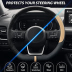 SEG Direct Flat Bottom Steering Wheel Cover Breathable, D Shaped Car Wheel Cover 14 1/2-15 in. (37-39 cm), Black Beige Microf
