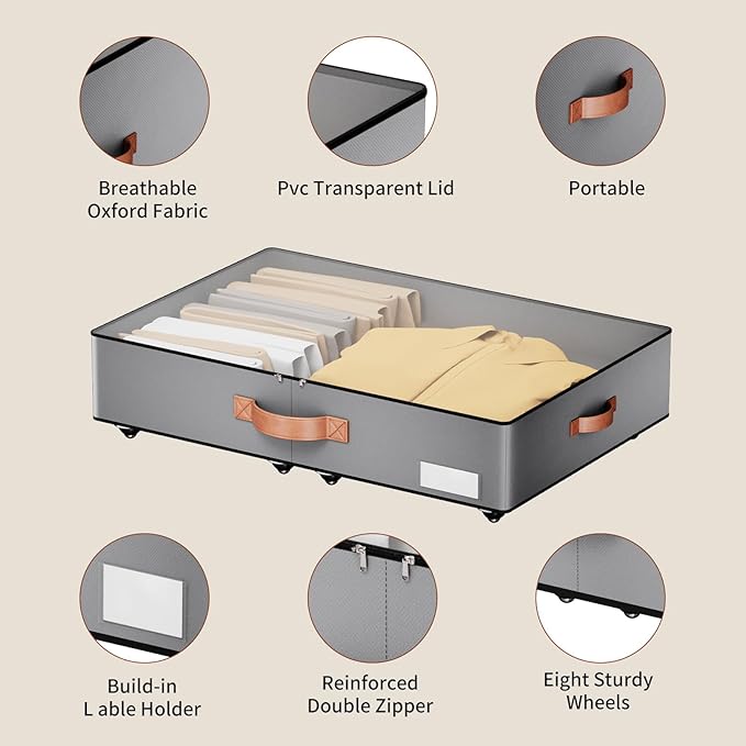 Under bed Storage With Wheels,Low profile 5.5 inches Height Storage Bins,Rolling Under bed Shoe Storage Containers,Under bed 