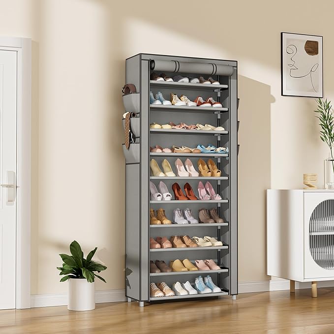 VTRIN Vertical Narrow Shoe Rack Organizer Tall Shoe Rack for Closet Entryway 10 Tier Non-Woven Cover Shoe Shelf Holds 36-41 P