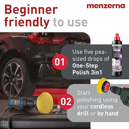menzerna 3in1 Polishing Set – One-Step Polish (8oz) + Drill Machine Adapter + Medium Cut Pad | Polish Your Car with a Cordless Drill