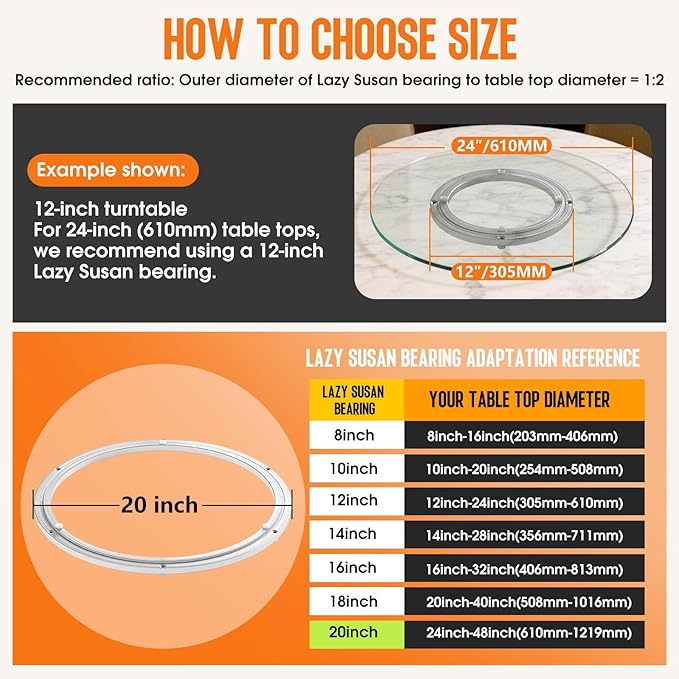 Heavy Duty Lazy Susan Turntable Bearing 20 Inch, 500lbs Capacity Rotating Swivel Plate for Round Table, Heavy Duty Swivel Bas