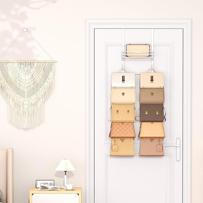 SWTYMIKI Over The Door Purse Organizer - Wall Mounted Handbag Organizer with 10 Hooks and Metal Basket, Hanging Purse Storage