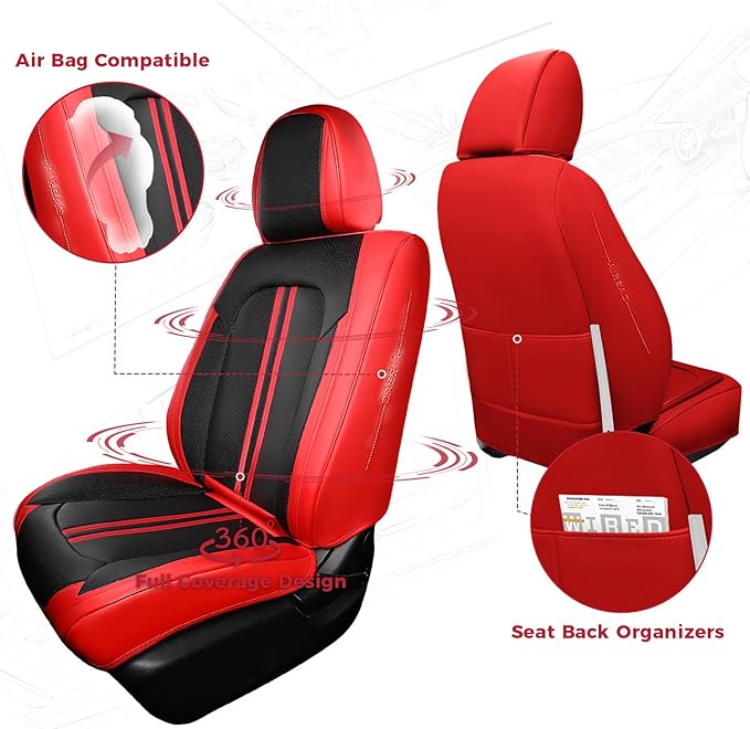 FREESOO Car Seat Covers Full Set, Black Red Waterproof Car Seat Cover, Leather Seat Covers for Trucks, Luxury Car Seat Covers