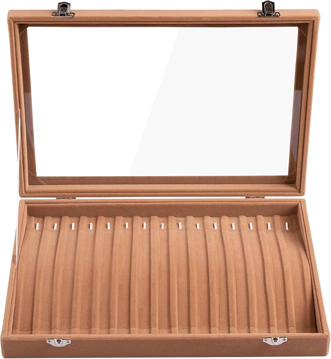Frebeauty 15 Hooks Necklace Tray Velvet Neckalce Organizer with Clear Lid Lockable Necklace Holder Box Jewelry Organizer for 