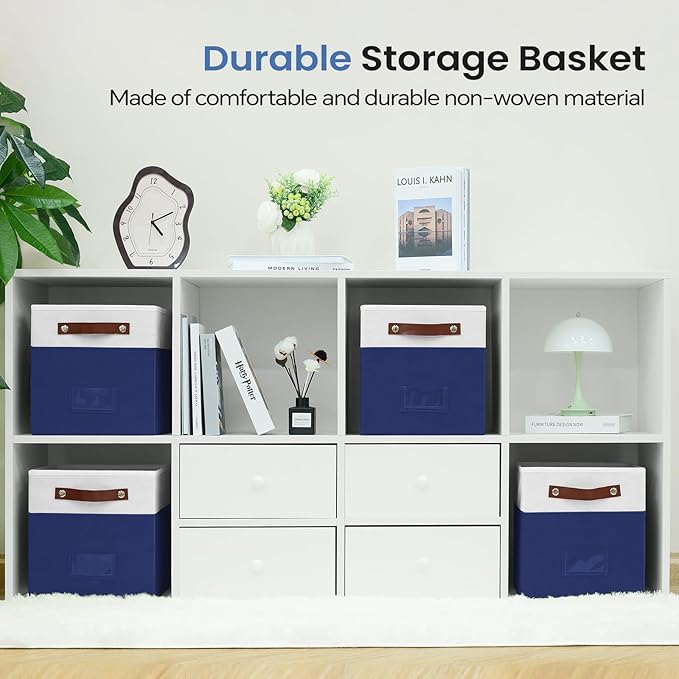FinishingBo 6-Pack Storage Cubes with Handles & Label Holders Basket, Closet Cube Home Organizer Bins(White/Blue, 10.5 * 10.5