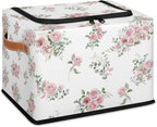 Pink Floral Flower Storage Baskets - Home Decorative Bins Collapsible Cubes with Zipper Lid, Rose Box with Handles for Living